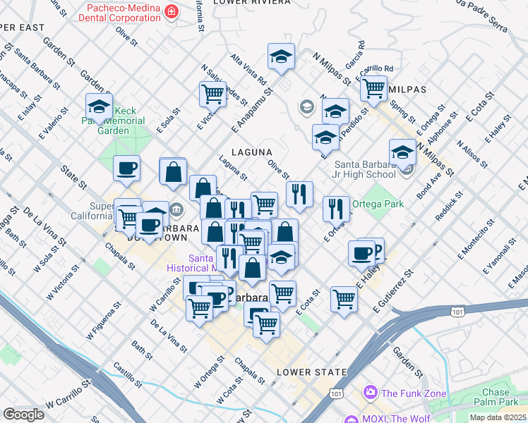 map of restaurants, bars, coffee shops, grocery stores, and more near 924 Laguna Street in Santa Barbara