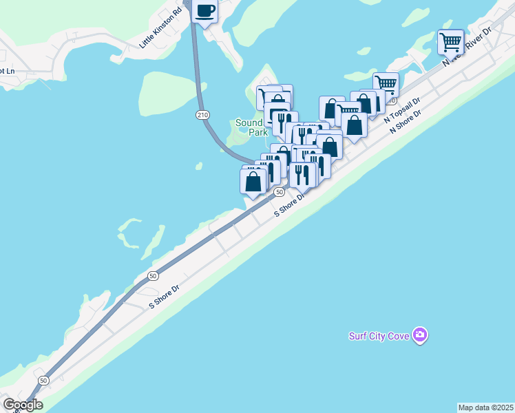map of restaurants, bars, coffee shops, grocery stores, and more near 301 South Topsail Drive in Surf City