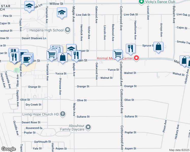 map of restaurants, bars, coffee shops, grocery stores, and more near 14664 Walnut Street in Hesperia