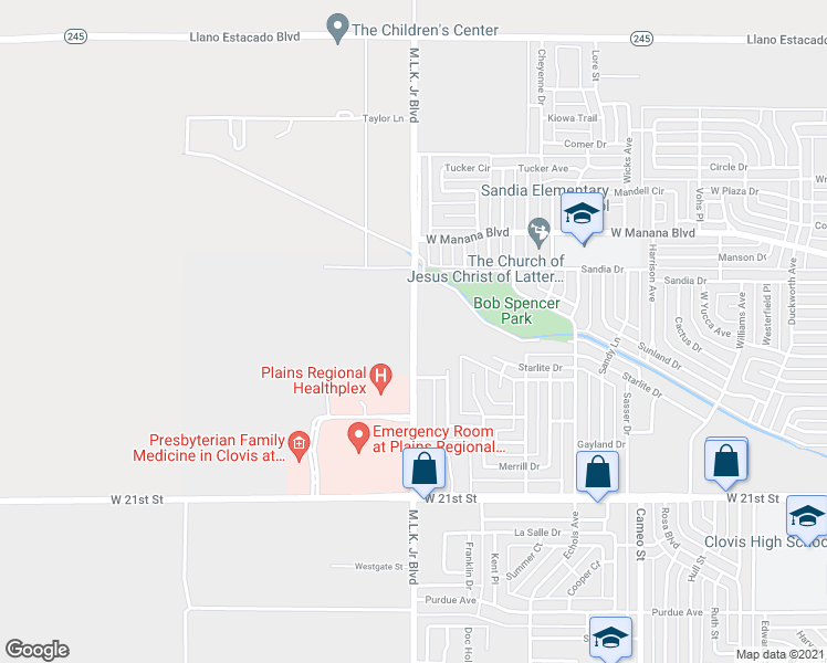 map of restaurants, bars, coffee shops, grocery stores, and more near 2601 North Thomas Street in Clovis