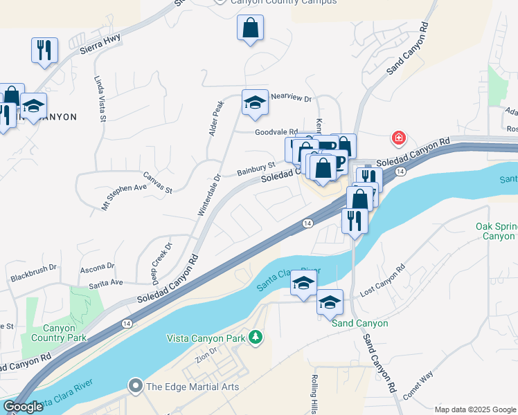 map of restaurants, bars, coffee shops, grocery stores, and more near 28347 Connie Court in Santa Clarita