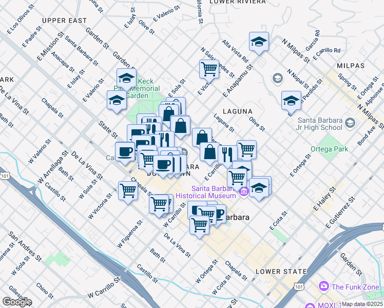 map of restaurants, bars, coffee shops, grocery stores, and more near 1105 Santa Barbara Street in Santa Barbara