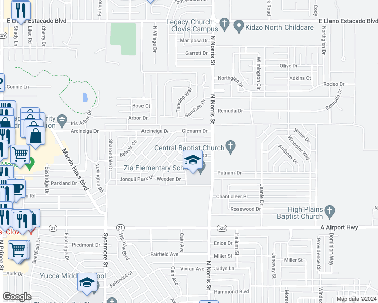 map of restaurants, bars, coffee shops, grocery stores, and more near 2112 Castle Court in Clovis