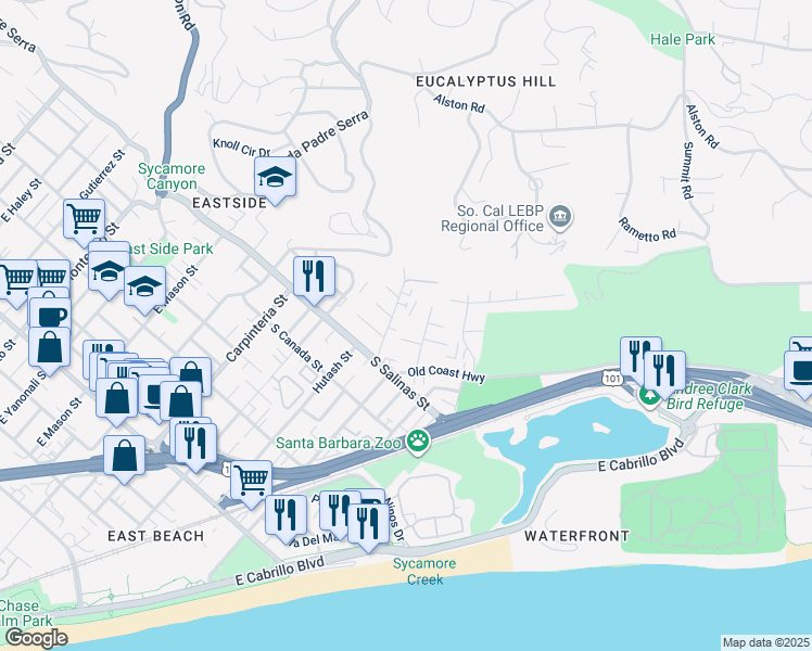 map of restaurants, bars, coffee shops, grocery stores, and more near 33 Ocean View Avenue in Santa Barbara