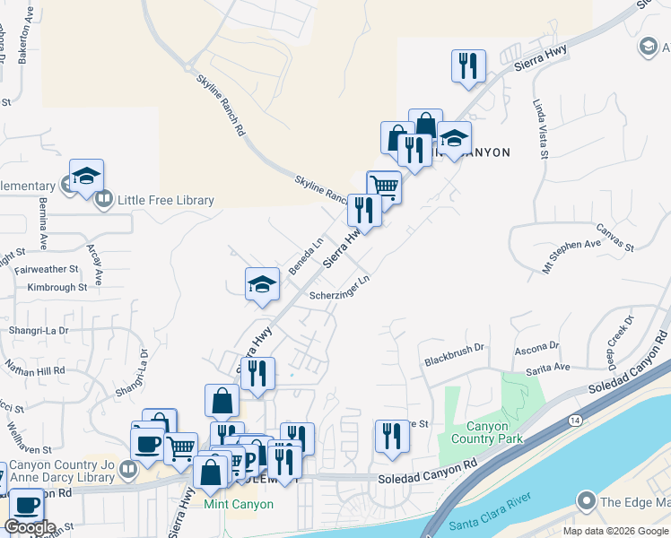 map of restaurants, bars, coffee shops, grocery stores, and more near 17920 Sierra Highway in Santa Clarita