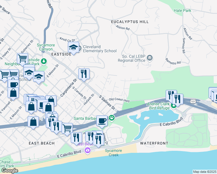 map of restaurants, bars, coffee shops, grocery stores, and more near 33 Ocean View Avenue in Santa Barbara