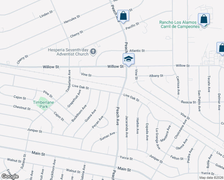 map of restaurants, bars, coffee shops, grocery stores, and more near 18396 Live Oak Street in Hesperia