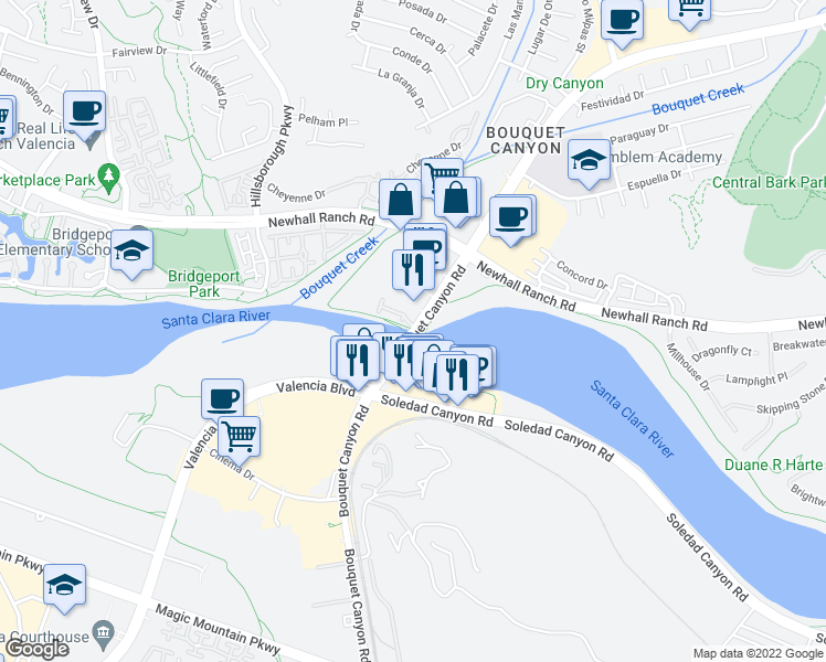 map of restaurants, bars, coffee shops, grocery stores, and more near 18638 Bouquet Canyon Road in Santa Clarita