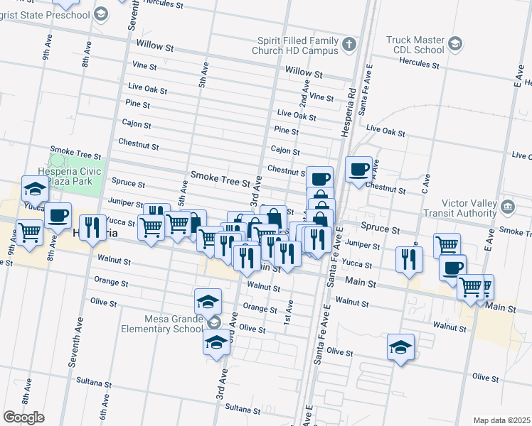 map of restaurants, bars, coffee shops, grocery stores, and more near 16365 Spruce Street in Hesperia