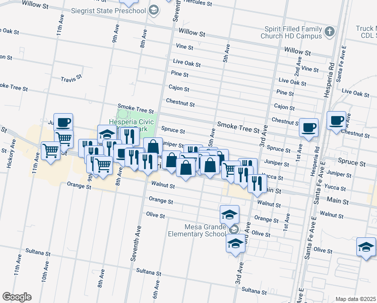 map of restaurants, bars, coffee shops, grocery stores, and more near 16082 Juniper Street in Hesperia