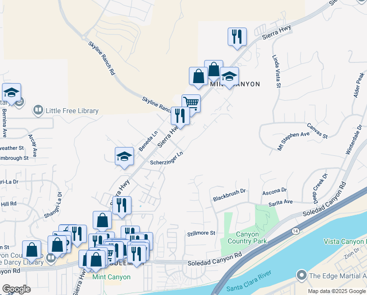 map of restaurants, bars, coffee shops, grocery stores, and more near in Santa Clarita