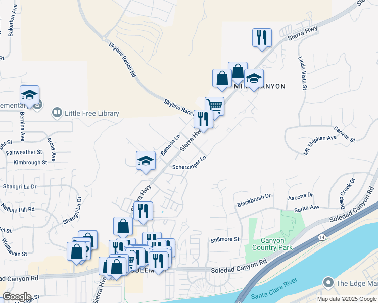 map of restaurants, bars, coffee shops, grocery stores, and more near in Santa Clarita