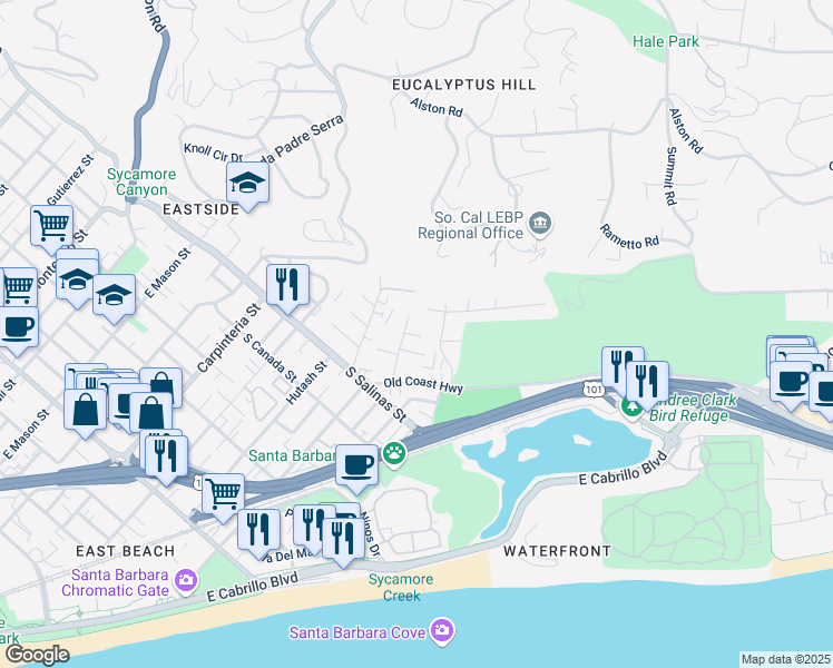 map of restaurants, bars, coffee shops, grocery stores, and more near 1455 Harbor View Drive in Santa Barbara