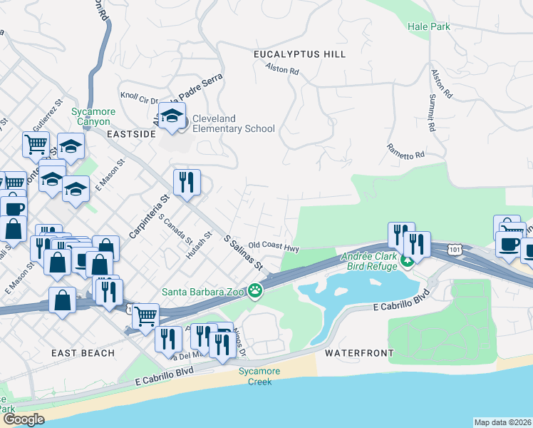 map of restaurants, bars, coffee shops, grocery stores, and more near 47 Ocean View Avenue in Santa Barbara