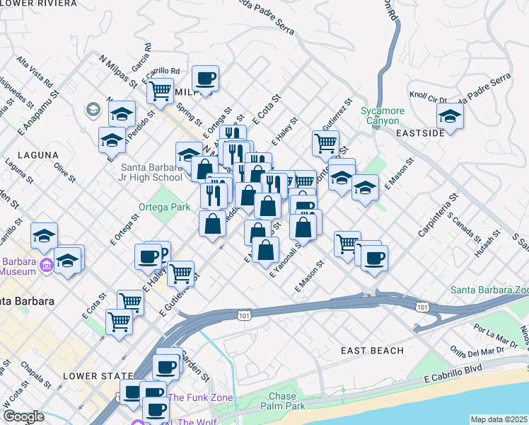 map of restaurants, bars, coffee shops, grocery stores, and more near 318 North Milpas Street in Santa Barbara