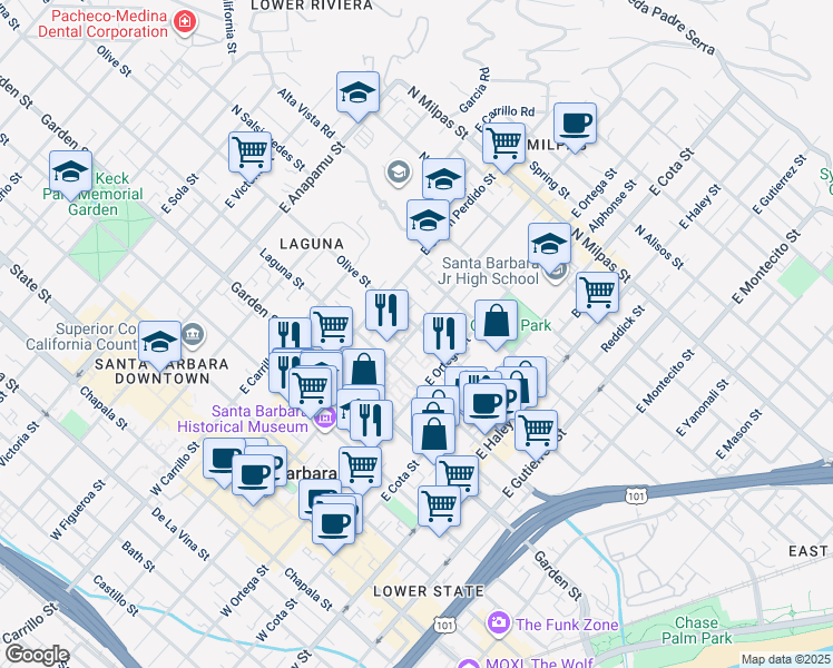 map of restaurants, bars, coffee shops, grocery stores, and more near 809 Olive Street in Santa Barbara