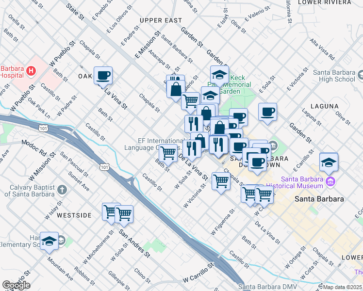 map of restaurants, bars, coffee shops, grocery stores, and more near 116 West Micheltorena Street in Santa Barbara