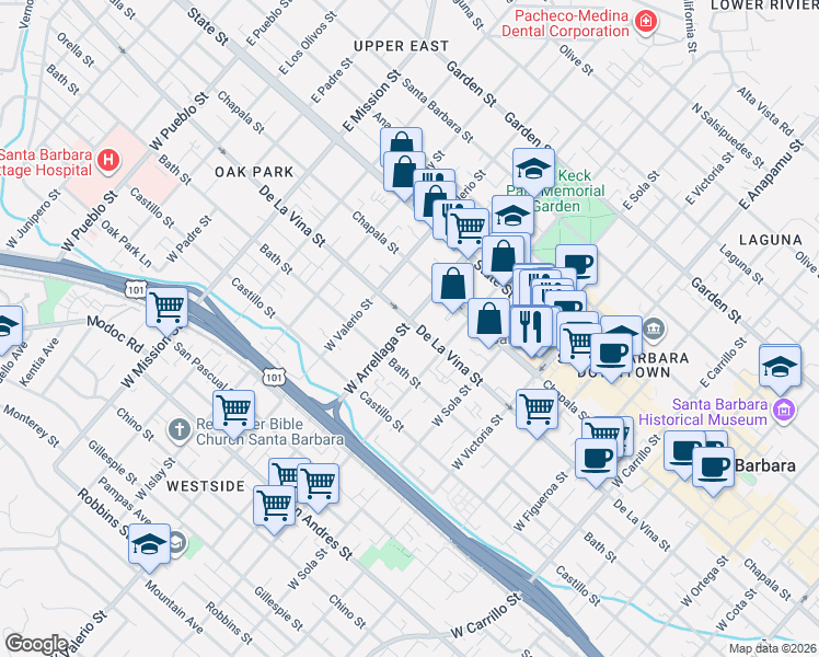 map of restaurants, bars, coffee shops, grocery stores, and more near 206 West Arrellaga Street in Santa Barbara
