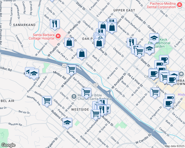 map of restaurants, bars, coffee shops, grocery stores, and more near 407 West Pedregosa Street in Santa Barbara