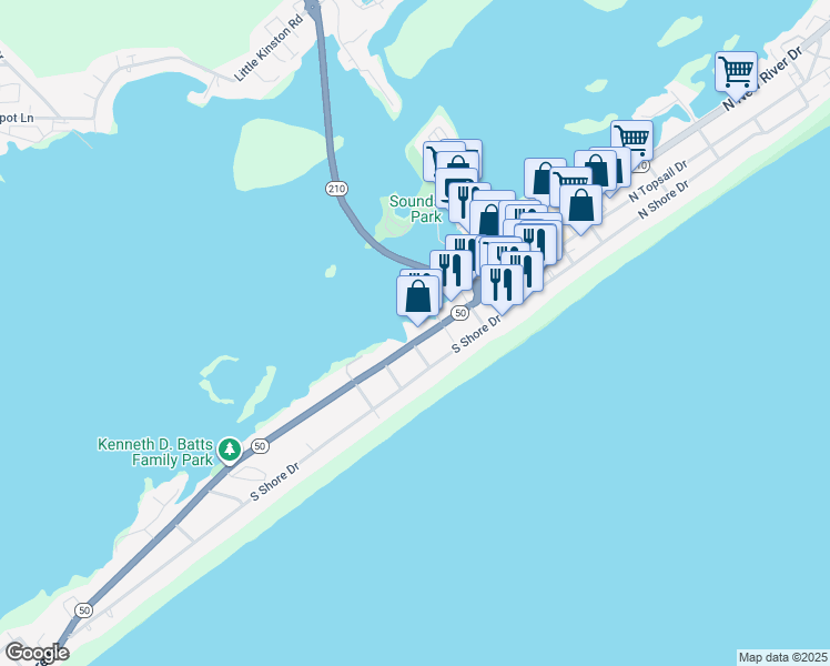 map of restaurants, bars, coffee shops, grocery stores, and more near 301 South Topsail Drive in Surf City