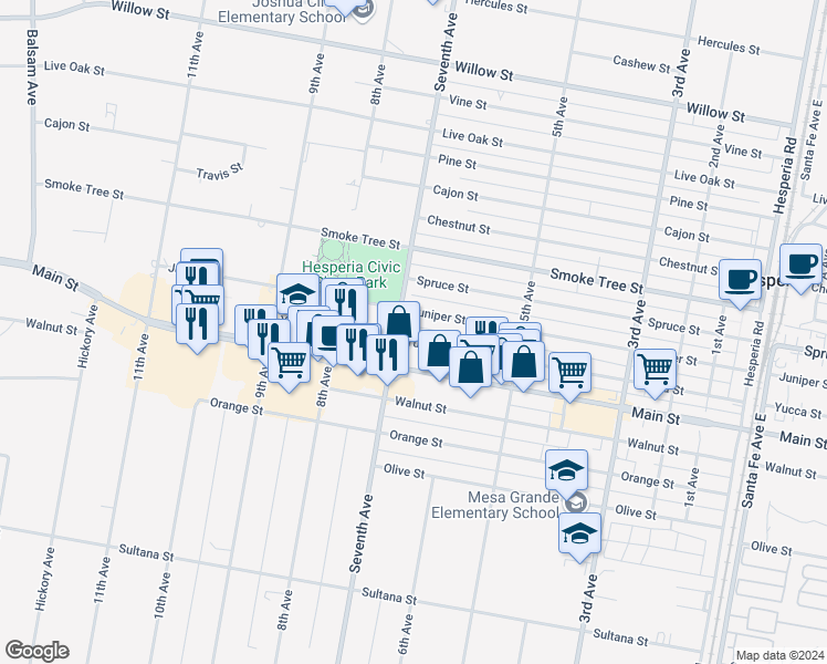 map of restaurants, bars, coffee shops, grocery stores, and more near 15948 Yucca Street in Hesperia