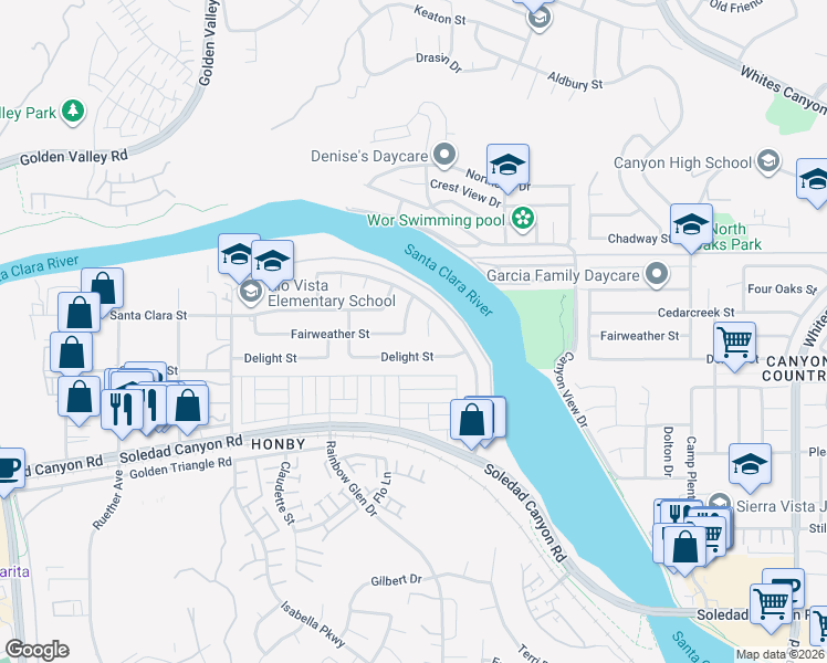 map of restaurants, bars, coffee shops, grocery stores, and more near 27204 Lakehurst Avenue in Santa Clarita