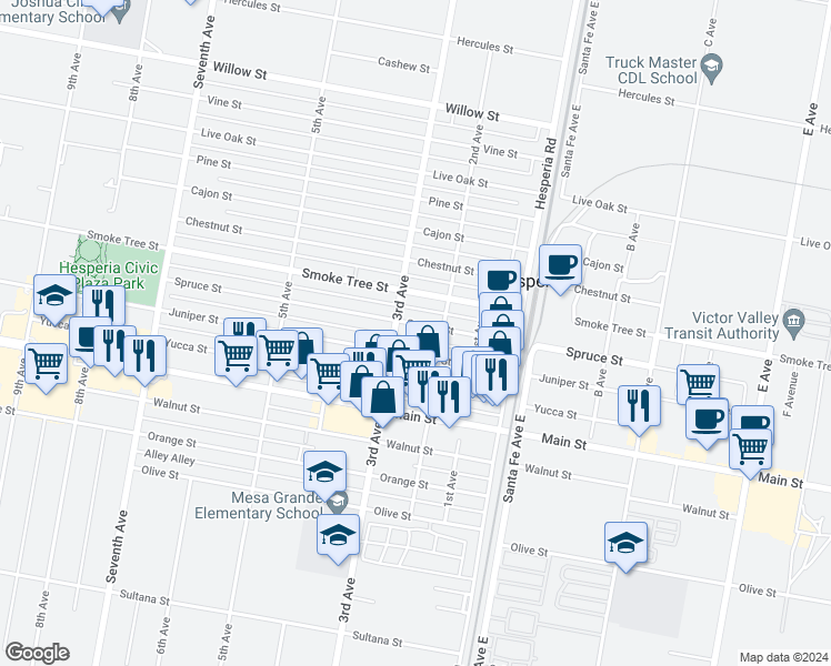 map of restaurants, bars, coffee shops, grocery stores, and more near 16397 Spruce Street in Hesperia