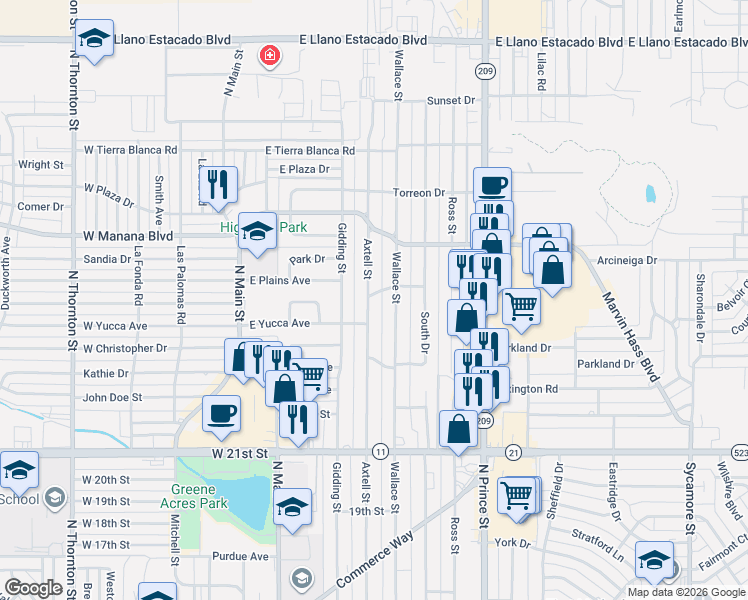 map of restaurants, bars, coffee shops, grocery stores, and more near 26 Axtell Street in Clovis