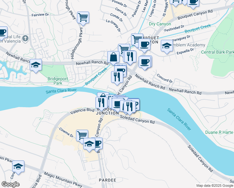 map of restaurants, bars, coffee shops, grocery stores, and more near 19419 Bouquet Canyon Road in Santa Clarita
