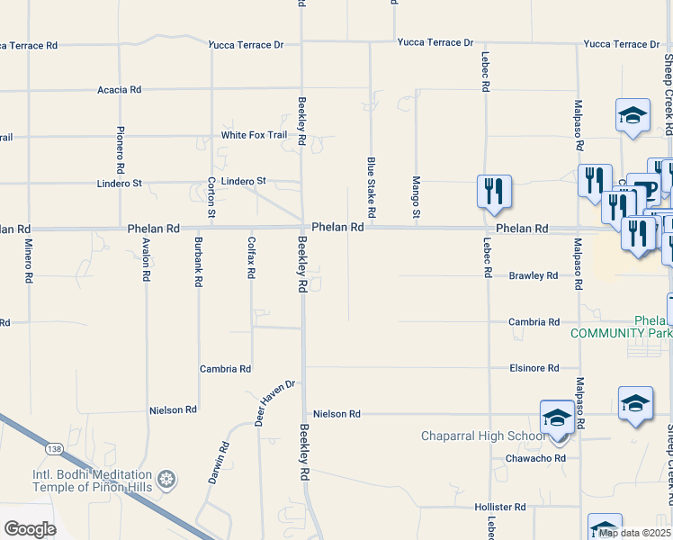 map of restaurants, bars, coffee shops, grocery stores, and more near 9610 Mescalero Road in Phelan