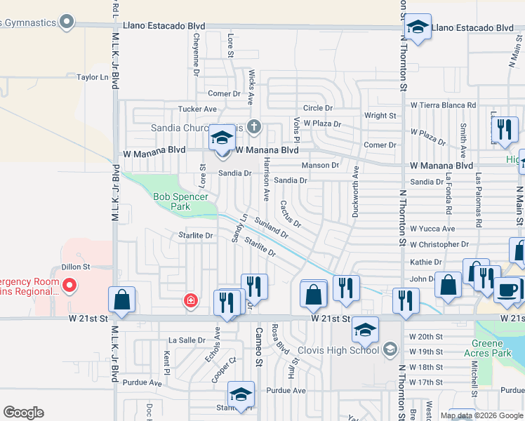 map of restaurants, bars, coffee shops, grocery stores, and more near 2712 Harrison Avenue in Clovis