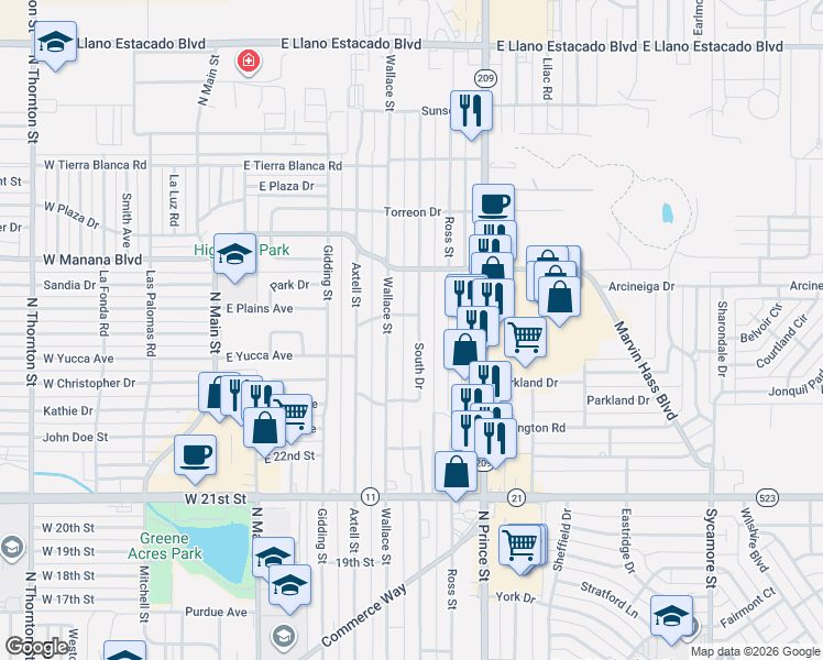 map of restaurants, bars, coffee shops, grocery stores, and more near 2617 Wallace Street in Clovis