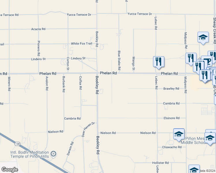 map of restaurants, bars, coffee shops, grocery stores, and more near 9610 Mescalero Road in Phelan
