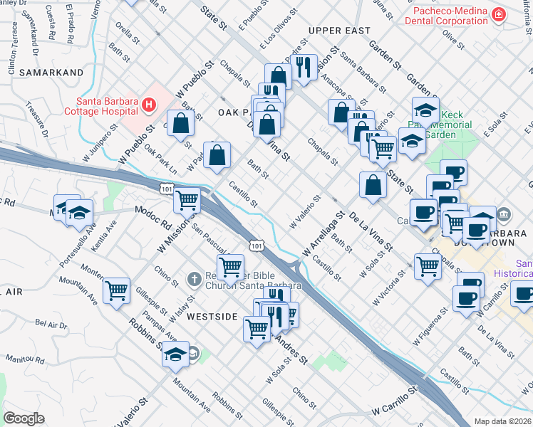 map of restaurants, bars, coffee shops, grocery stores, and more near Castillo St & W Islay St in Santa Barbara