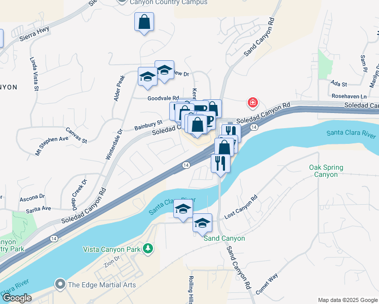 map of restaurants, bars, coffee shops, grocery stores, and more near 16610 Shinedale Drive in Santa Clarita
