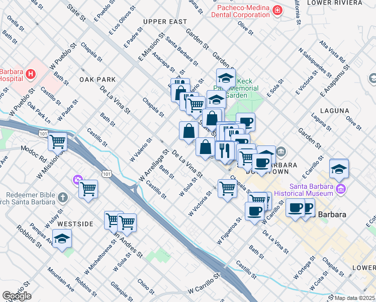 map of restaurants, bars, coffee shops, grocery stores, and more near 116 West Micheltorena Street in Santa Barbara
