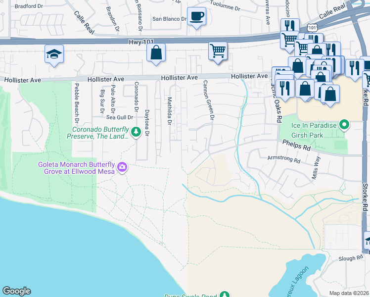 map of restaurants, bars, coffee shops, grocery stores, and more near 401 Ellwood Beach Drive in Goleta