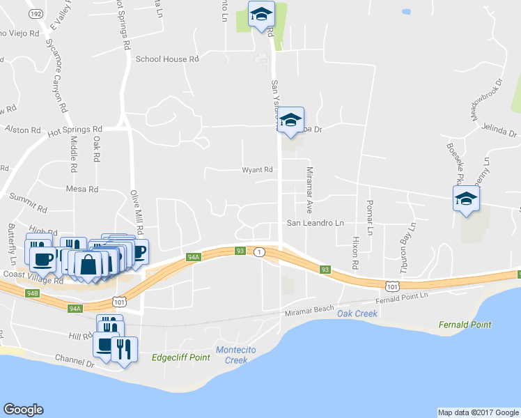 map of restaurants, bars, coffee shops, grocery stores, and more near 180 La Vereda Road in Montecito