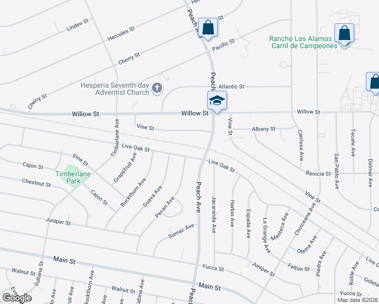 map of restaurants, bars, coffee shops, grocery stores, and more near 18396 Live Oak Street in Hesperia