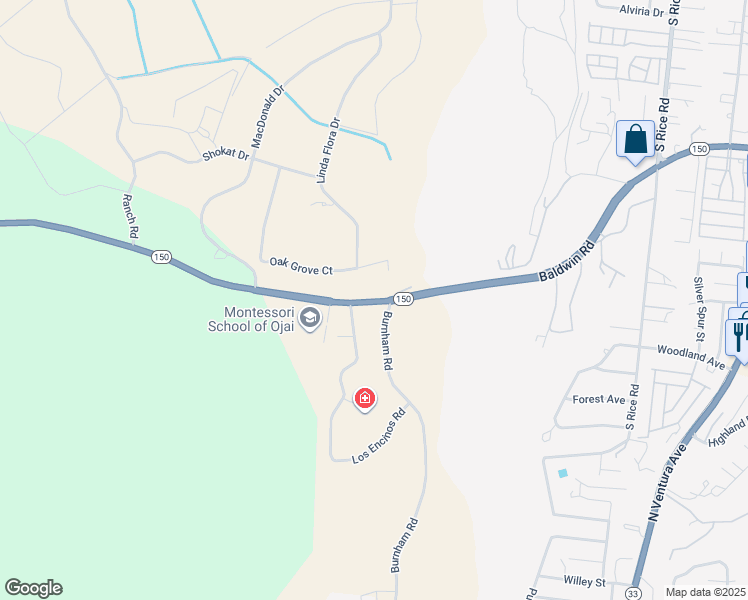 map of restaurants, bars, coffee shops, grocery stores, and more near 621 Baldwin Road in Ojai