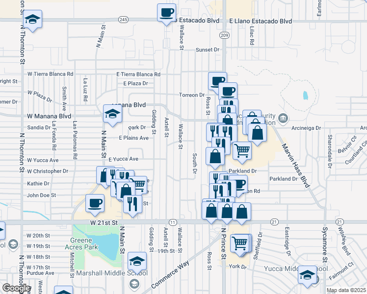 map of restaurants, bars, coffee shops, grocery stores, and more near 2609 Wallace Street in Clovis