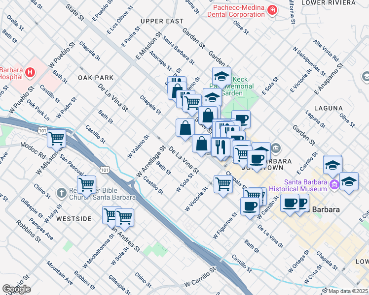 map of restaurants, bars, coffee shops, grocery stores, and more near 116 West Micheltorena Street in Santa Barbara