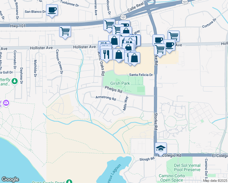 map of restaurants, bars, coffee shops, grocery stores, and more near 421 Pepperdine Ct in Goleta