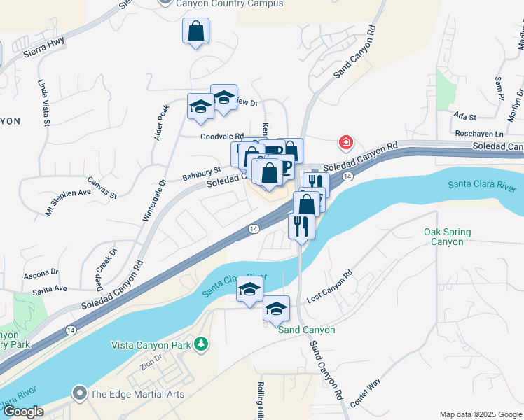 map of restaurants, bars, coffee shops, grocery stores, and more near 16606 Shinedale Drive in Santa Clarita