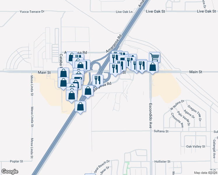 map of restaurants, bars, coffee shops, grocery stores, and more near 9619 Mariposa Road in Hesperia