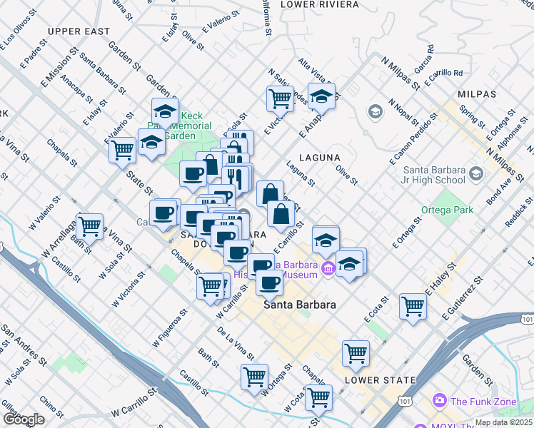 map of restaurants, bars, coffee shops, grocery stores, and more near 1105 Santa Barbara Street in Santa Barbara
