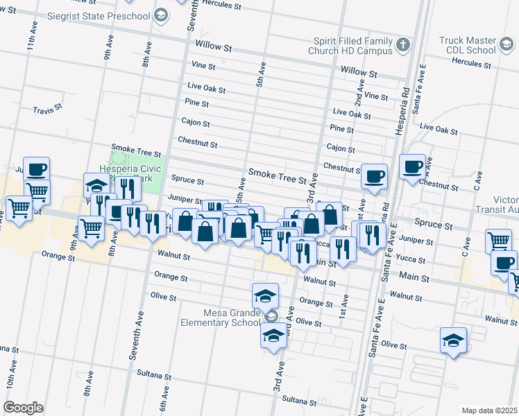 map of restaurants, bars, coffee shops, grocery stores, and more near 16231 Spruce Street in Hesperia