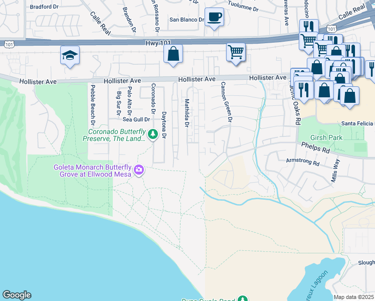 map of restaurants, bars, coffee shops, grocery stores, and more near 401 Ellwood Beach Drive in Goleta