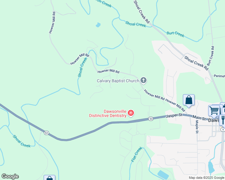 map of restaurants, bars, coffee shops, grocery stores, and more near 76 Lightning Ridge in Dawsonville