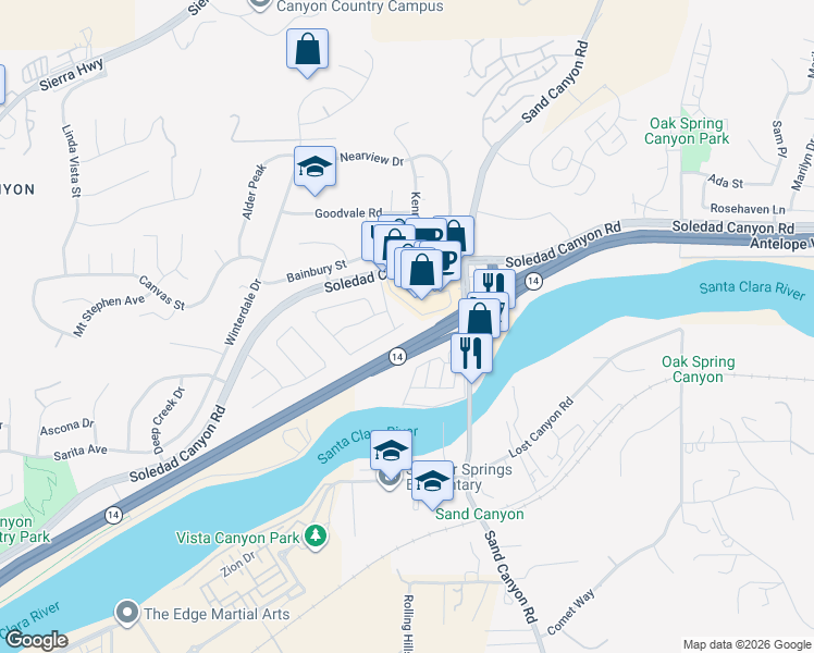 map of restaurants, bars, coffee shops, grocery stores, and more near 16606 Shinedale Drive in Santa Clarita